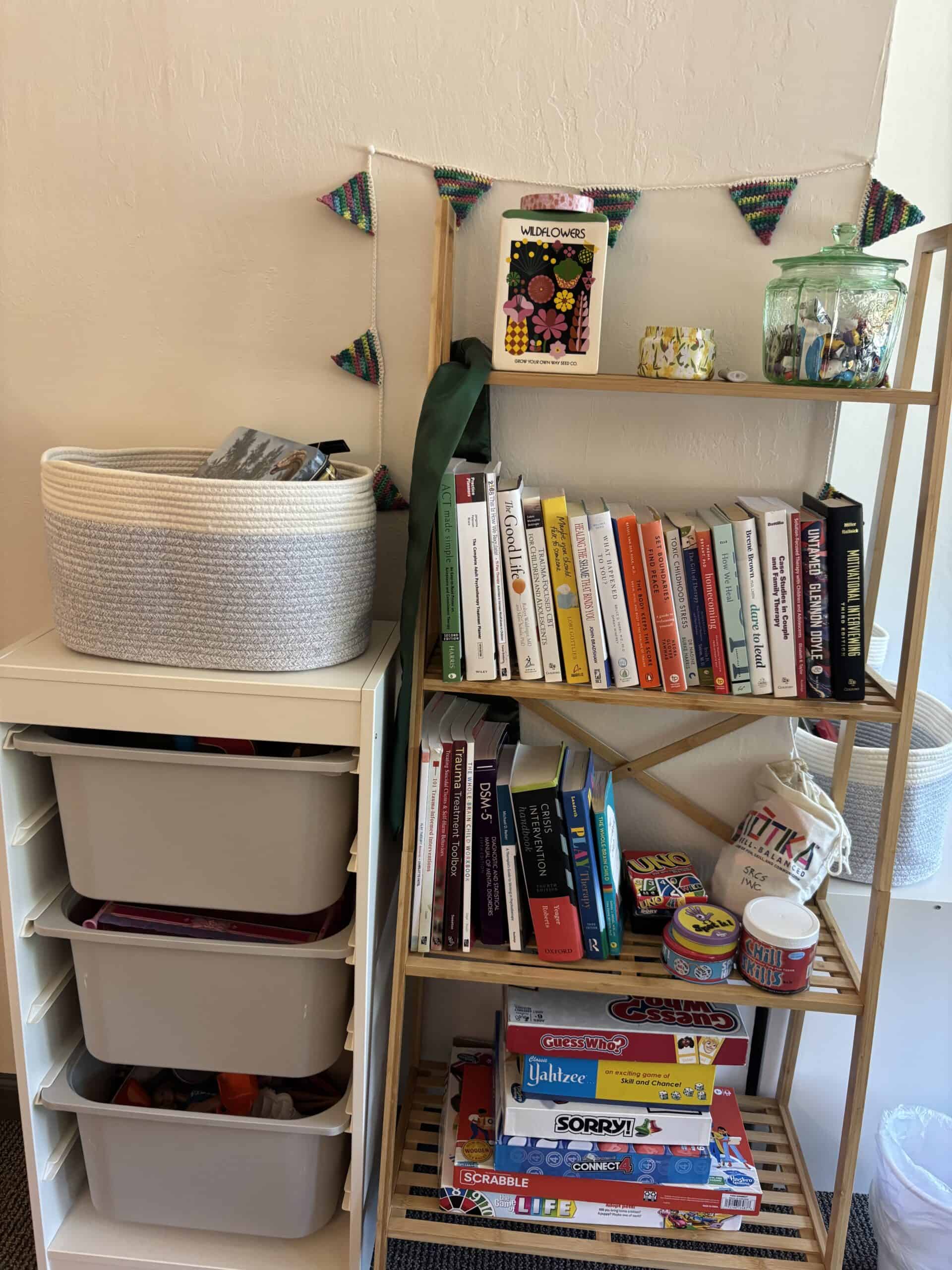 Bookshelf with toys and games for play therapy